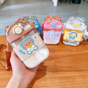 Cute portable square plastic straw water bottle with cartoon astronaut bear for kids