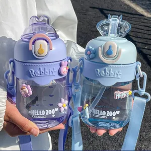 Cute rabbit plastic water bottle with straw and adjustable shoulder strap for kids outdoors