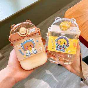 Two cute square cartoon straw bottles for kids with portable straps and bear designs