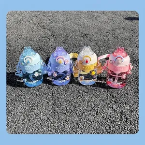 Cute rabbit plastic water bottles with straw and strap for kids in multiple colors