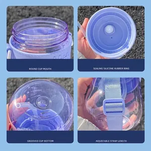 Purple rabbit plastic water bottle with straw and adjustable strap details in four grid view