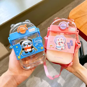 Comparison of cute panda and rabbit themed square plastic water bottles with straws