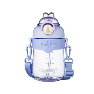 Cute purple rabbit plastic straw water bottle for kids with portable shoulder strap