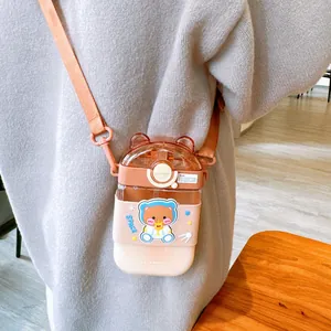 Cute brown cartoon bear square water bottle with a portable adjustable shoulder strap for kids