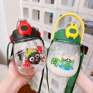 Kreative Kunststoffbauchige Wasserflasche Mit Strohhalm Und Gurt Süßer Hasenohrdeckel Große Kapazität Tragbarer Cartoon Reisebecher