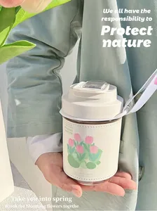 Detailed view of a floral glass water bottle with cream sleeve and tulip pattern design