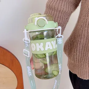 Vue détaillée de la gourde en plastique vert menthe avec logo OKAY, sangle et concombre