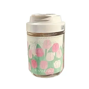 Portable tulip pattern glass water cup with anti-scald leather sleeve for girls
