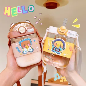 Cute Cartoon Square Straw Cup Portable Flat Plastic Water Bottle With Adjustable Strap For Kids Students School Travel