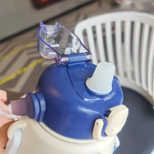 Close-up detail of astronaut insulated straw water bottle lid with purple flip cover
