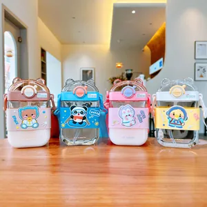 Cute cartoon square plastic water bottles with straws and carry straps for kids