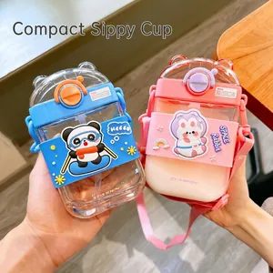 Cute square cartoon plastic water bottle with straw and shoulder strap for kids portable design