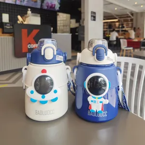 A pair of astronaut-themed large capacity insulated water bottles with straw and straps