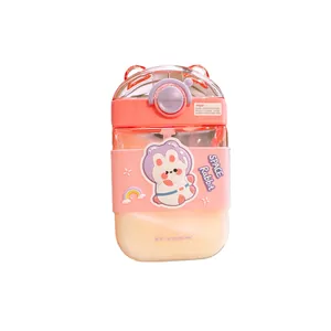 Cute square plastic straw water bottle for kids with cartoon space rabbit pattern pink lid