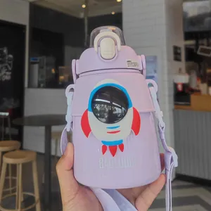 Large capacity purple rocket astronaut insulated water bottle with straw and strap