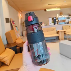 Nahaufnahme einer modernen Sport-Trinkflasche aus Kunststoff mit Klappdeckel und Teefilter.
