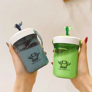 Cute deer antler plastic water bottle with phone holder function in two colors, portable.