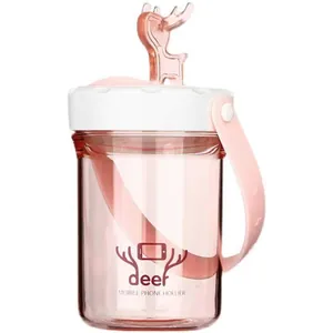 Minimalist portable pink plastic water bottle with cute deer lid and phone holder stand