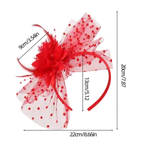 Product dimensions of red retro mesh fascinator headband with feathers and flower detail