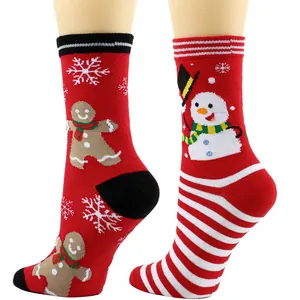 Detail view of festive Christmas socks featuring snowman and gingerbread man patterns