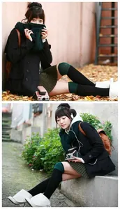 Femme asiatique portant des chaussettes montantes bicolores dans un décor d'automne