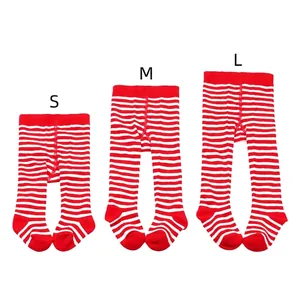 Red and white striped infant footed leggings shown in sizes S, M, and L comparison