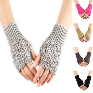 Women Autumn Winter Heart Hollow Out Knitted Fingerless Gloves Acrylic Arm Warmer Soft Warm Crochet Mitten Wrist Sleeves