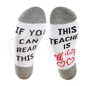 Funny Nurse Teacher Off Duty Slogan Crew Socks White Gray Cotton Blend Contrast Toe Heel Hosiery Novelty Gift For Women