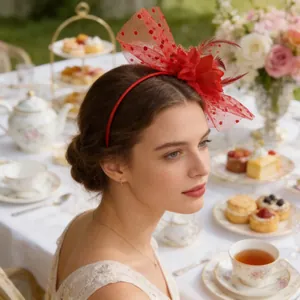 Elegant red vintage fascinator headband with net and feathers for bridal tea party
