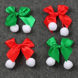 Lazo de Cinta de Satén de Navidad con Pompones Accesorio de Bricolaje para Ropa Bolsa Decoración Festiva Rojo Verde Adorno Hecho a Mano