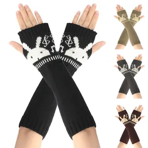 Dames Winter Warm Acryl Gebreide Vingerloze Armwarmers Konijnenpatroon Jacquard Lange Mouwen Zachte Thermische Handwarmer Handschoenen