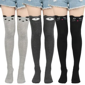 Cute kawaii animal face over-the-knee socks set in light gray, dark gray, and black colors