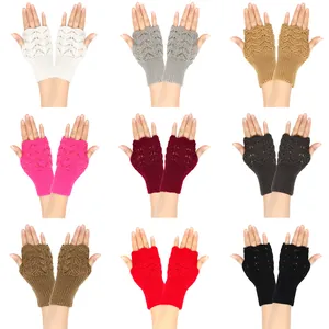 Grid display of knit fingerless gloves in nine colors with heart openwork patterns