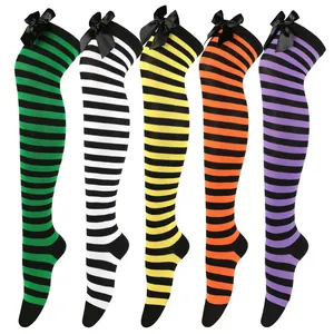 Calcetines Por Encima de la Rodilla Sexy a Rayas Para Mujer Con Lazo Medias Largas Hasta el Muslo Para Fiesta Cosplay