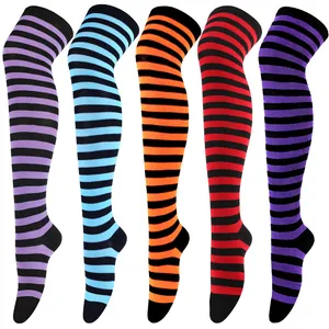 Detailed view of multiple colorful striped over-the-knee socks for cosplay and Halloween costume