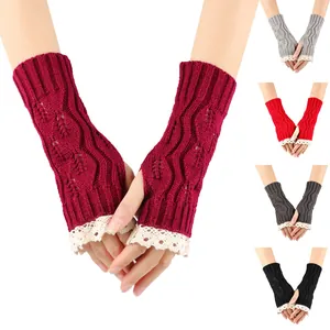 Women Winter Knit Fingerless Gloves Lace Trim Hollow Leaf Pattern Arm Warmers Warm Acrylic Crochet Half Finger Mittens Fashion Sleeves