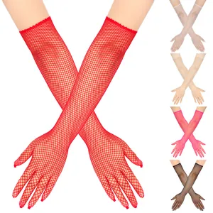 Elastic long fishnet gloves for parties, available in red, white, beige, pink and black
