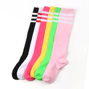 Close-up of colorful children's knee-high socks with triple stripes detail