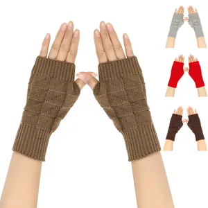 Detail showing knitted fingerless gloves in multiple colors like brown, red, and grey