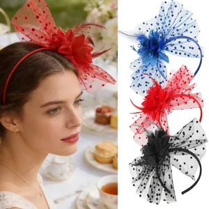 French Vintage Fascinator Headband Women Bridal Wedding Flower Feather Mesh Veil Hair Accessory Tea Party Travel Photography