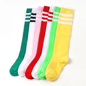 Variety of colorful children's over-the-knee socks featuring white triple stripe knitted detail