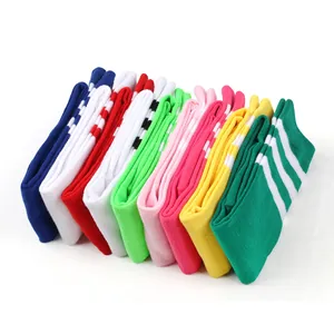 Close-up view of vibrant multi-colored striped knee-high socks for kids arranged in a row