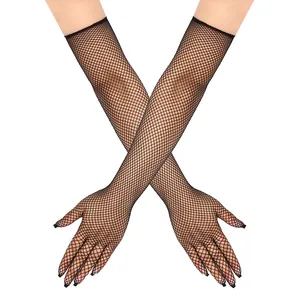 Detailed view of long black fishnet gloves showing stretchable mesh texture