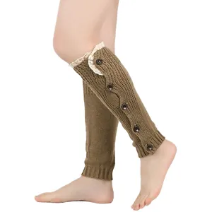 Calentadores de punto con ribete de encaje delicado y botones decorativos para botas de invierno