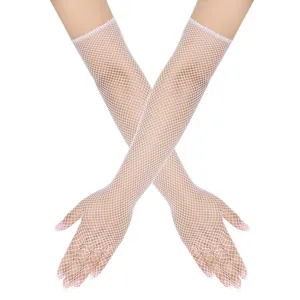 Detailed view of long white elastic fishnet gloves with fingers for party or bridal wear