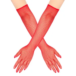 Elegant long red fishnet gloves with fingers, ideal for costume parties and bridal wear.