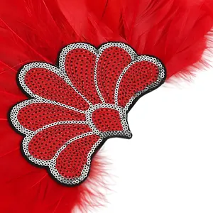 Detailopname van de rode veren hoofdband met glimmende rode en zilveren pailletten