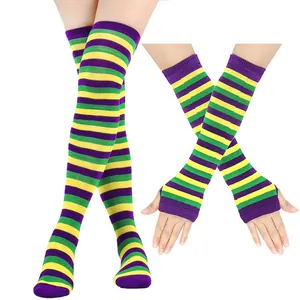 Mardi Gras purple green yellow striped over-the-knee socks and matching arm warmers set