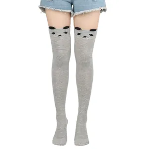 Kawaii grey over-the-knee socks with cute panda face embroidery and 3D ears detail
