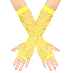 Close-up of neon yellow long fishnet fingerless gloves with elastic mesh texture